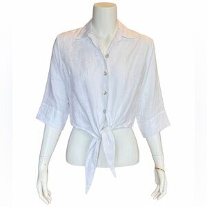 LUISA POSITANO Tania White 100% Linen Tie Front Button Top Made in Italy OS